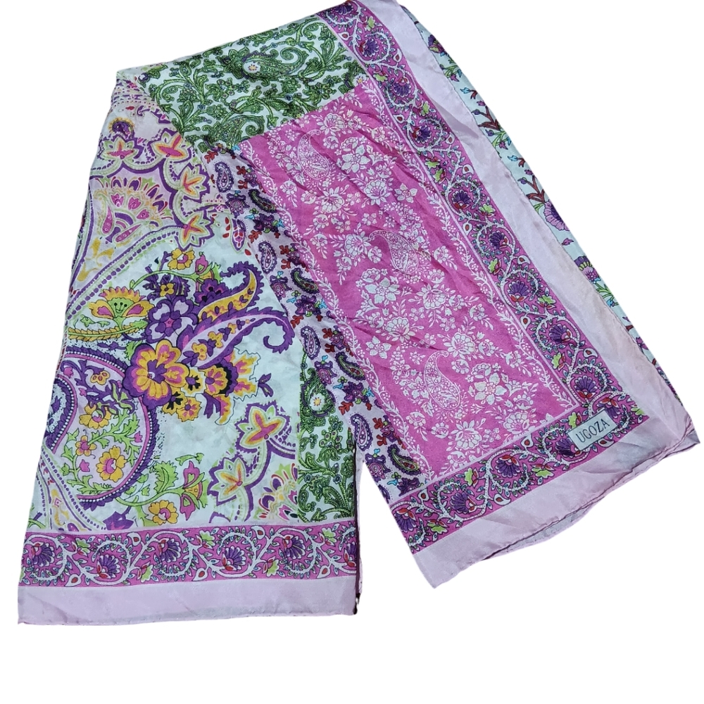 Vintage UGOZA Silk Scarf Pink Purple Paisley Floral Print 35" X 34" Large Square
